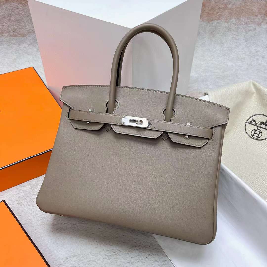 Hermès（爱马仕）Birkin 铂金包 Swift M8 沥青灰 银扣 30cm 全手工蜡线缝制 Phw