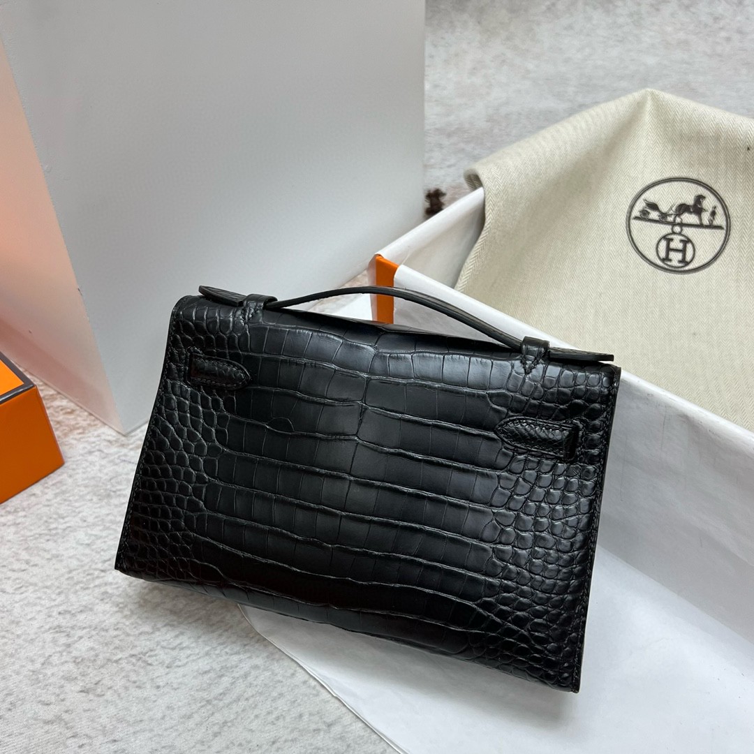 Hermès（爱马仕）Mini pochette Alligator matt 雾面鳄鱼皮 ck89 黑色 Noir 金扣 GHW 22cm 手拿包