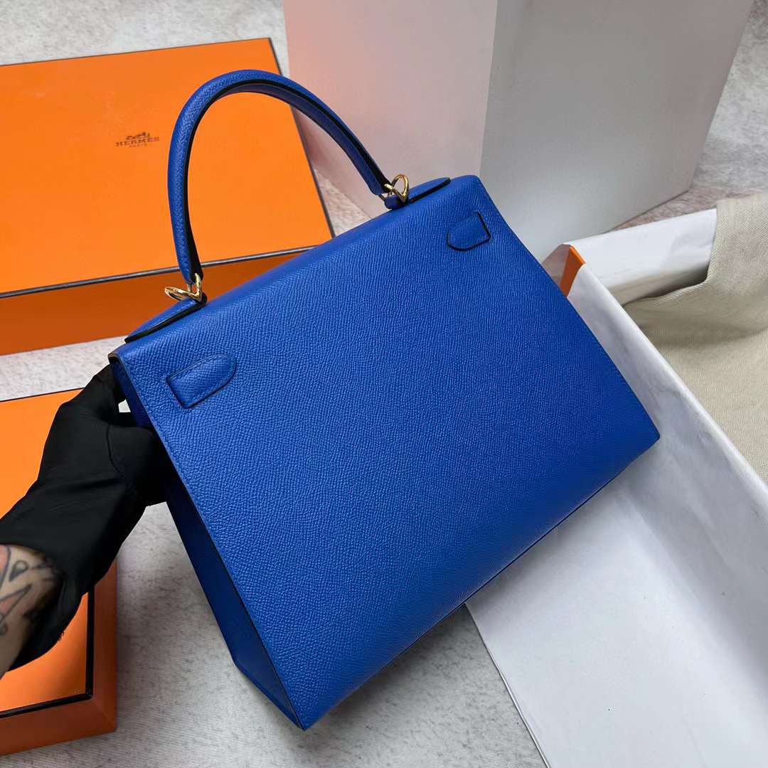 Hermès（爱马仕）Kelly 凯莉包 Epsom O8 法国蓝 金扣 28cm 全手工蜡线缝制 Phw