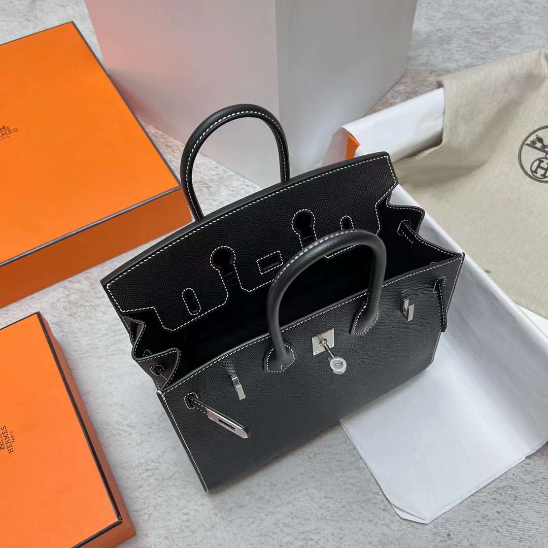 Hermès（爱马仕）Birkin 铂金包 Sellier Epsom Ck89 黑色 走白色线 银扣 25cm 全手工蜡线缝制 Phw
