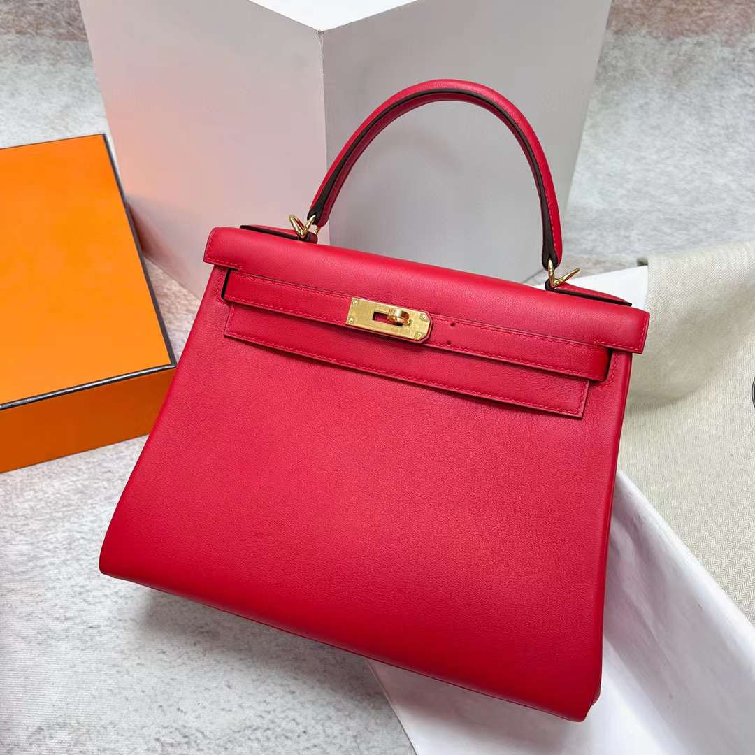 Hermès（爱马仕）Kelly 凯莉包 Swift S3 心红色 金扣 28cm 全手工蜡线缝制 Ghw