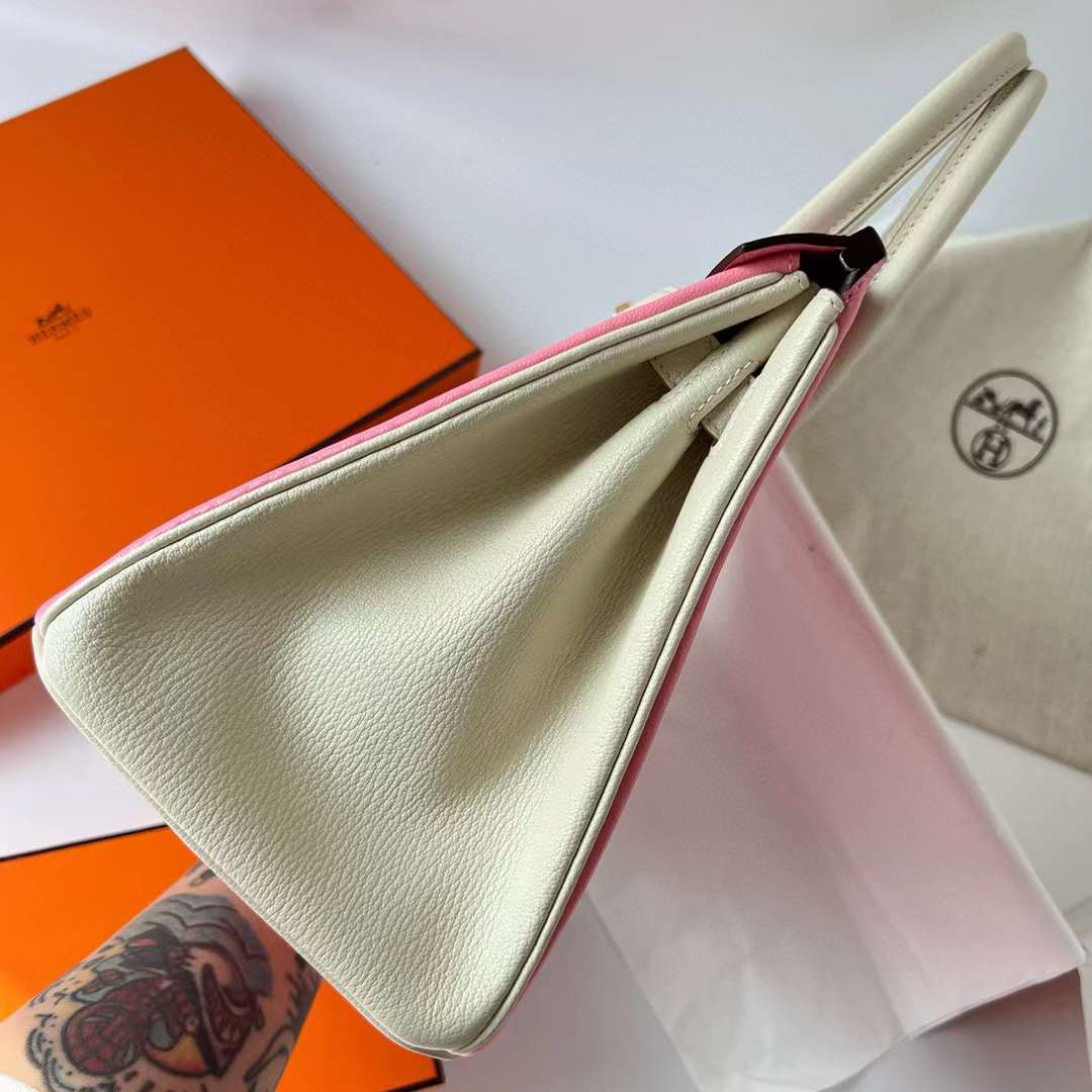 Hermès（爱马仕）Birkin 铂金包 Chevre 进口山羊皮 5P 樱花粉 拼 Ck10 奶昔白 金扣 30cm 全手工蜡线缝制 Ghw
