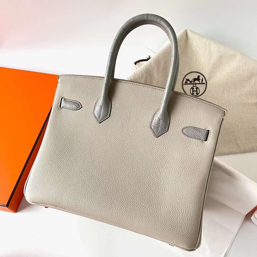 Hermès（爱马仕）Birkin 铂金包 Touch Togo 拼 雾面美洲鳄鱼皮 Ck80 珍珠灰 银扣 30cm 全手工蜡线缝制 Phw