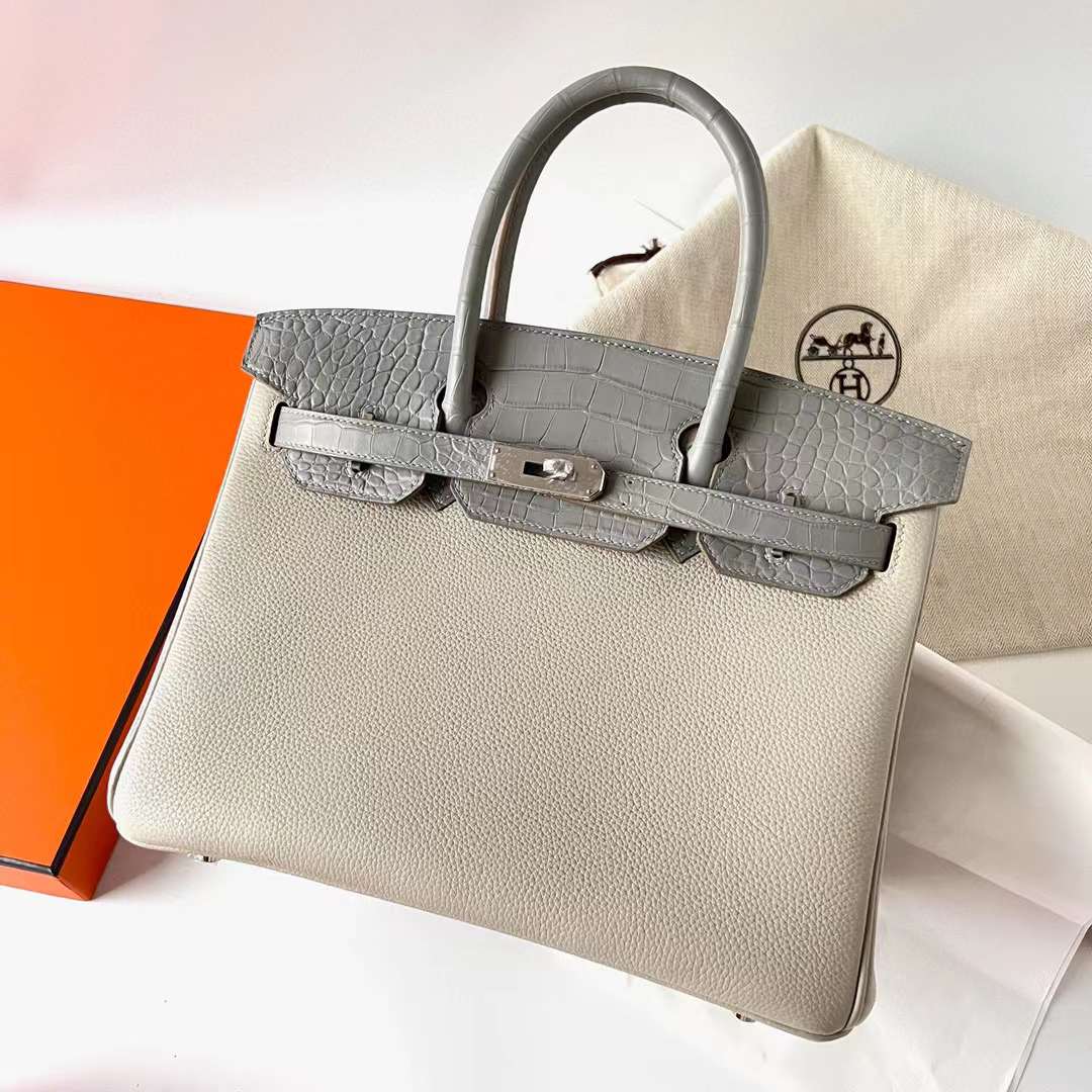 Hermès（爱马仕）Birkin 铂金包 Touch Togo 拼 雾面美洲鳄鱼皮 Ck80 珍珠灰 银扣 30cm 全手工蜡线缝制 Phw
