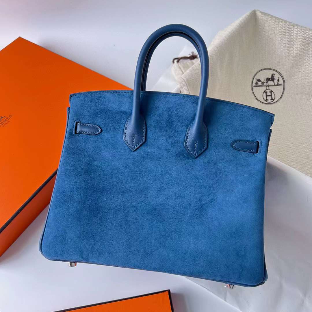 Hermès（爱马仕）Birkin 铂金包 Grizzly 麂皮 拼 Swift O8 皇家蓝 银扣 25cm 全手工蜡线缝制 Phw