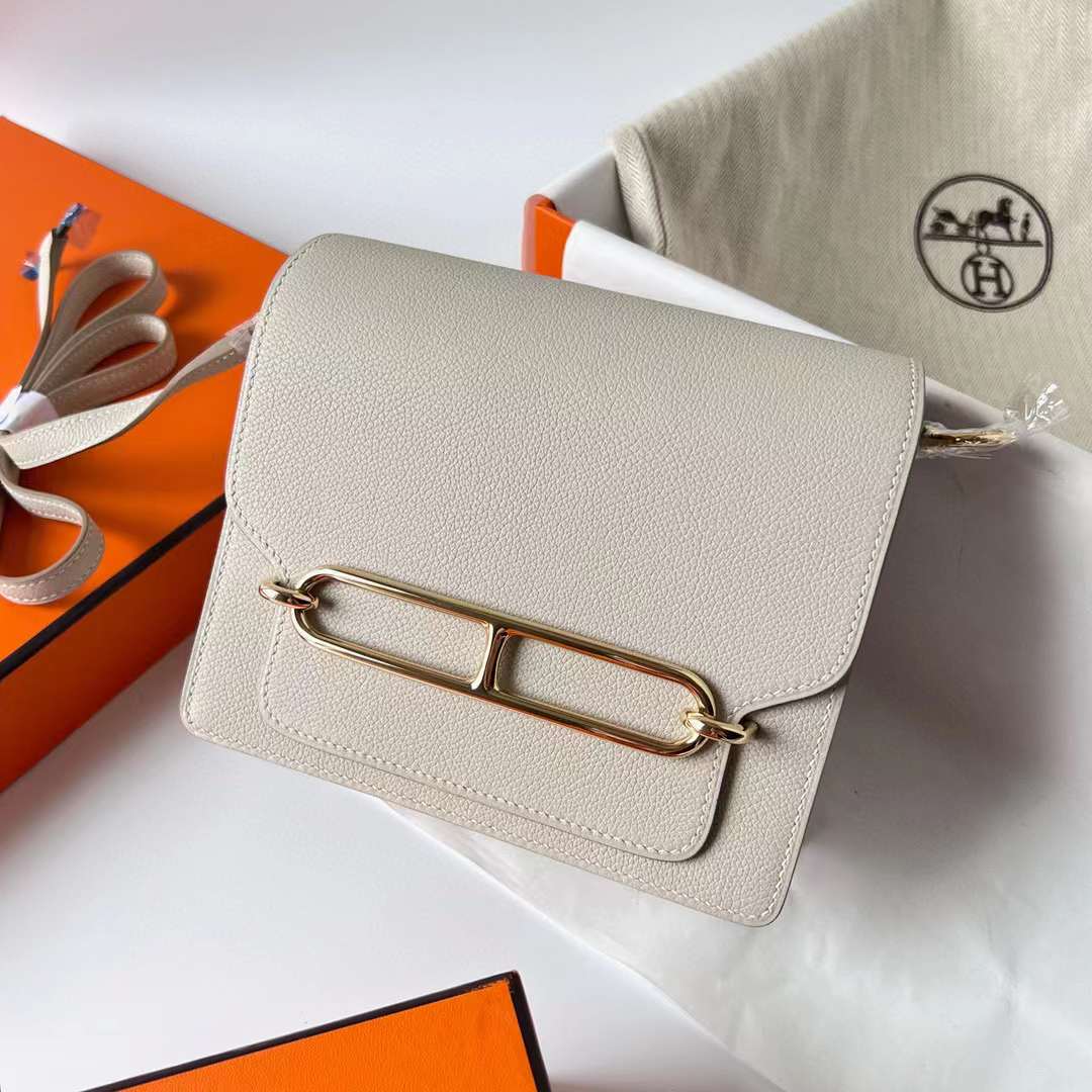 Hermès（爱马仕）Roulis 猪鼻子 Evercolor Ck10 奶昔白 Craie 浅金扣 18cm 全手工蜡线缝制