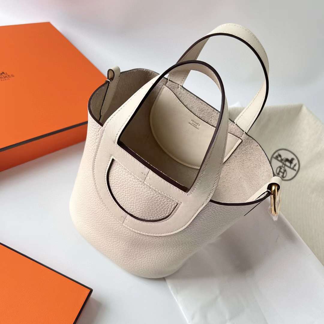 Hermès（爱马仕）In The Loop 猪鼻子 菜篮子 Clemence 拼 Swift I2 奶油白 金扣 18cm 全手工蜡线缝制 Ghw