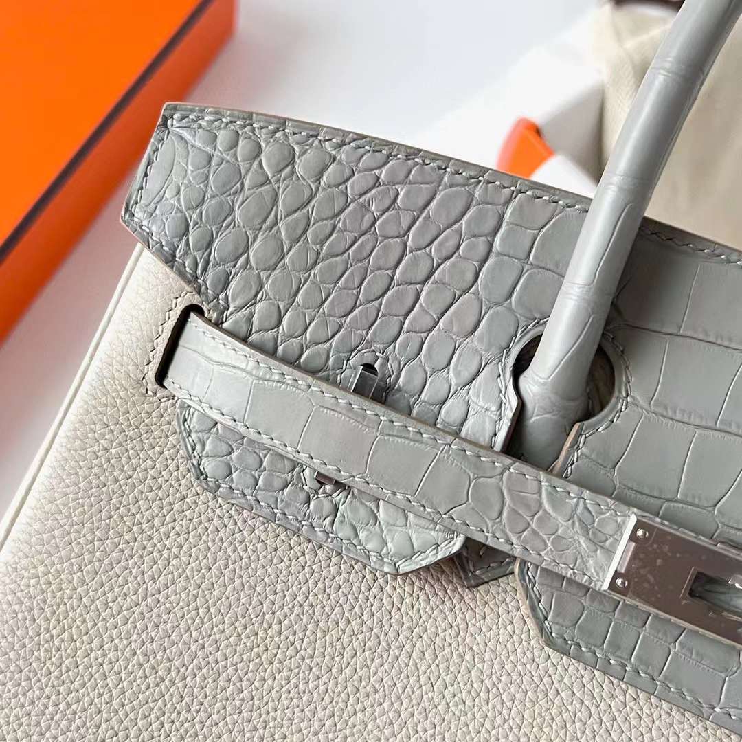 Hermès（爱马仕）Birkin 铂金包 Touch Togo 拼 雾面美洲鳄鱼皮 Ck80 珍珠灰 银扣 30cm 全手工蜡线缝制 Phw