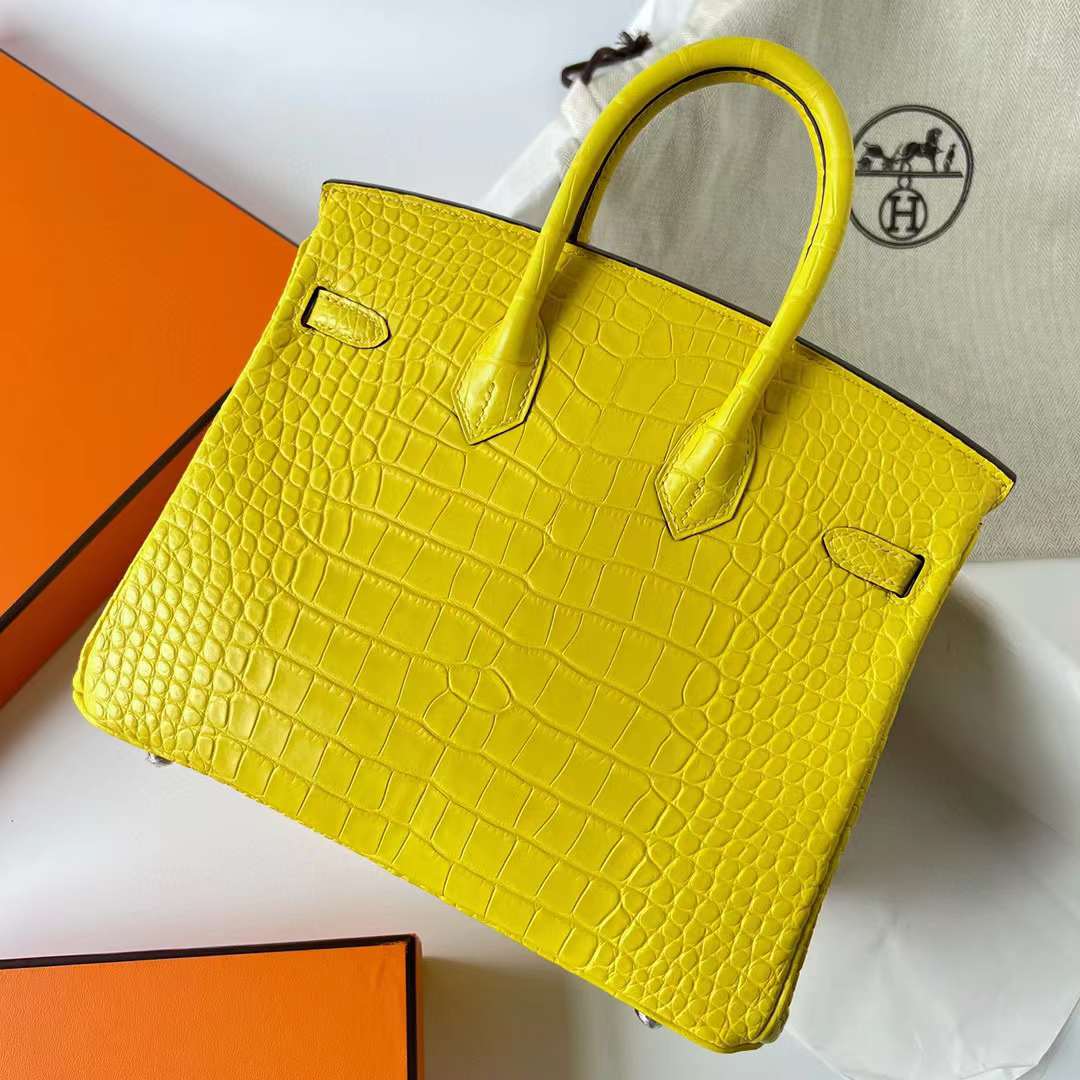 Hermès（爱马仕）Birkin 铂金包 雾面美洲鳄 Matte Alligator Crocodile M9 金盏花黄 银扣 25cm 全手工蜡线缝制 Phw