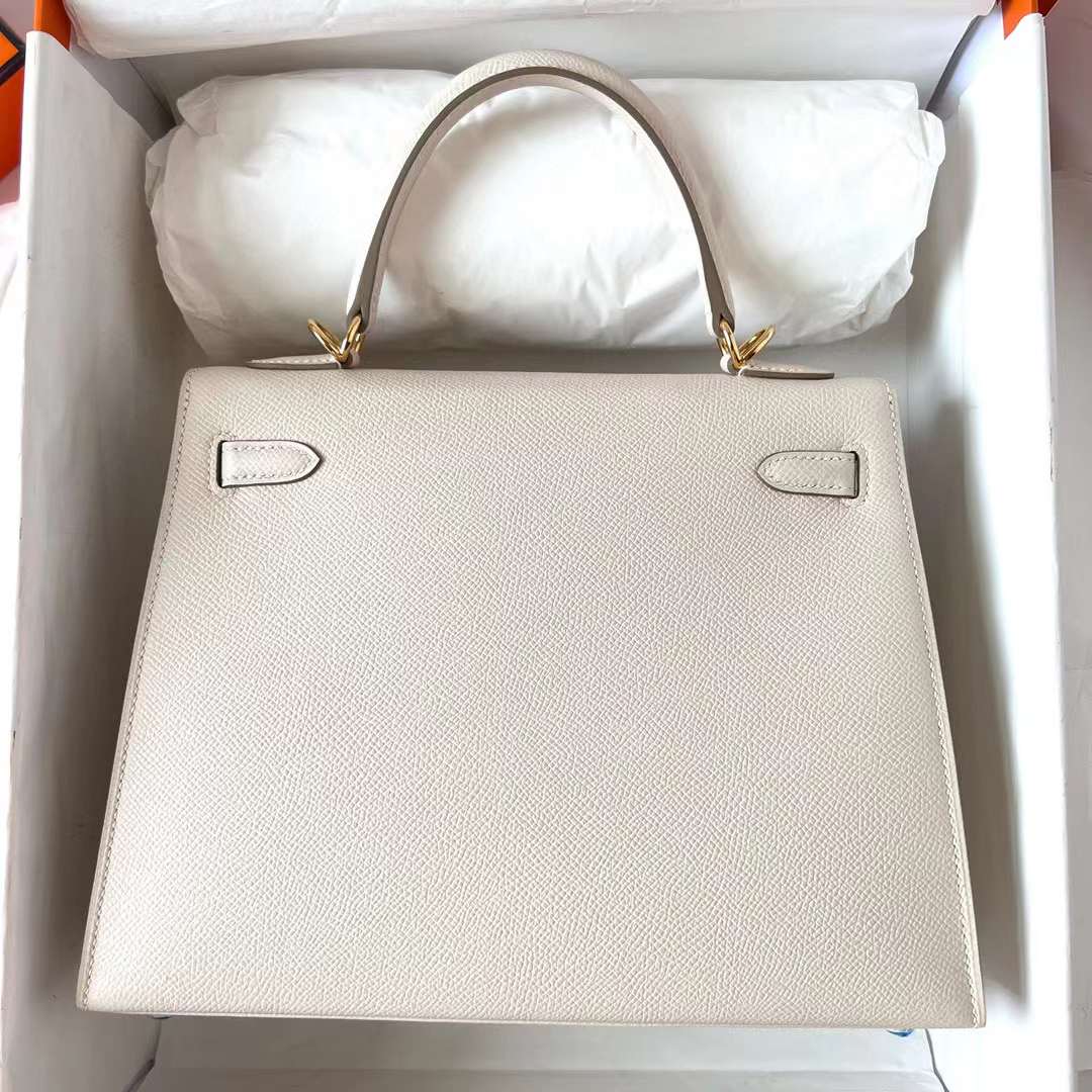 Hermès（爱马仕）Kelly 凯莉包 Epsom 掌纹皮 Ck10 奶昔白 金扣 25cm 全手工蜡线缝制 Ghw