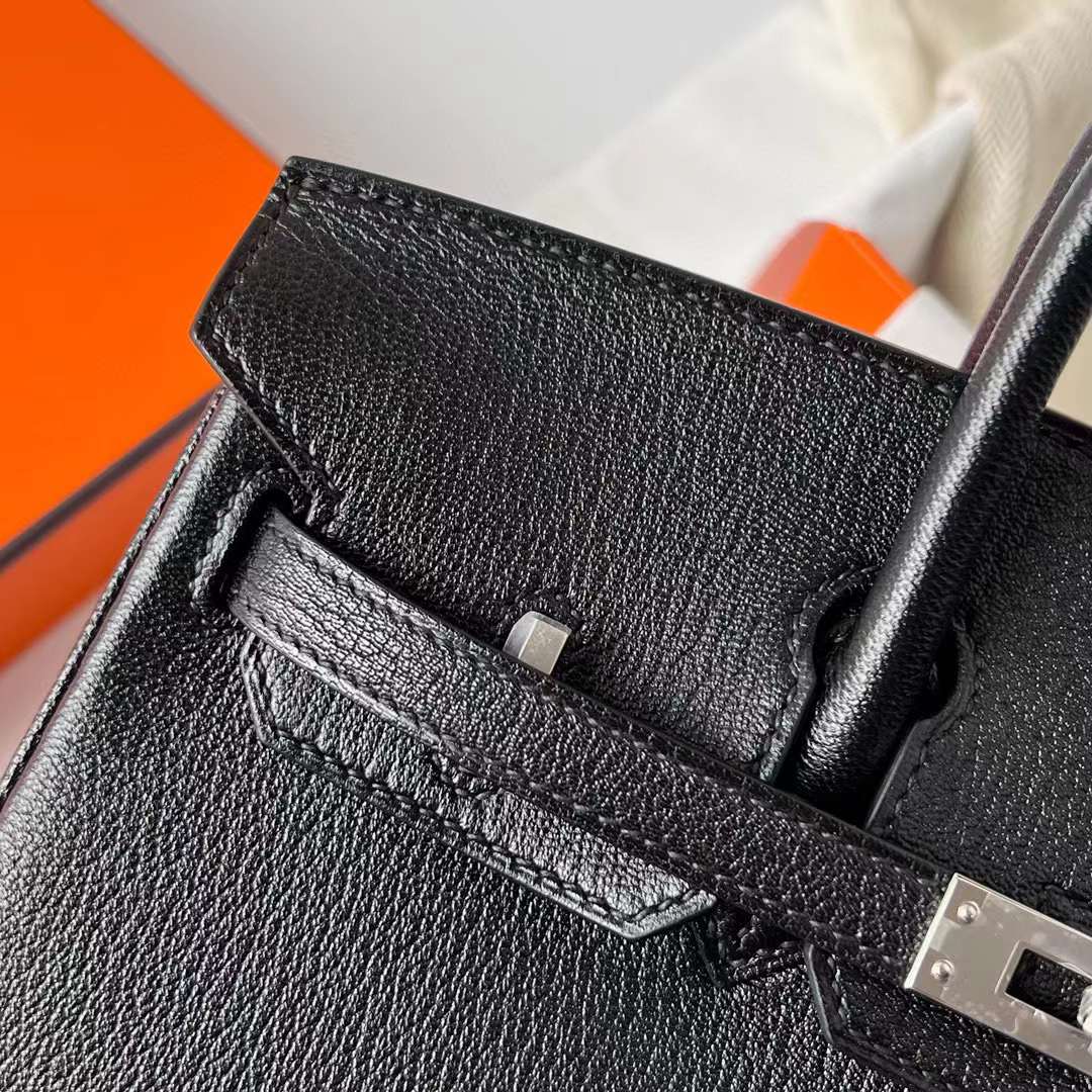 Hermès（爱马仕）Birkin 铂金包 Chevre 进口山羊皮 Ck89 黑色 银扣 25cm 全手工蜡线缝制 Phw
