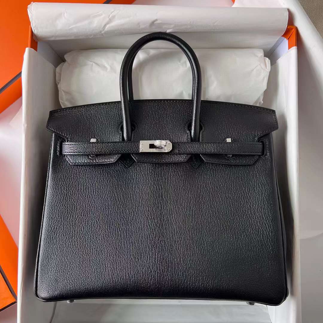 Hermès（爱马仕）Birkin 铂金包 Chevre 进口山羊皮 Ck89 黑色 银扣 25cm 全手工蜡线缝制 Phw