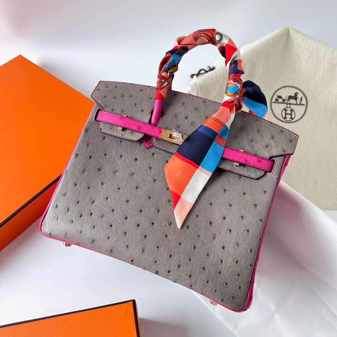 Hermès（爱马仕）Birkin 铂金包 Ostrich 南非kk进口鸵鸟皮 M8 沥青灰 拼 E5 糖果粉 金扣 25cm 全手工蜡线缝制 Ghw