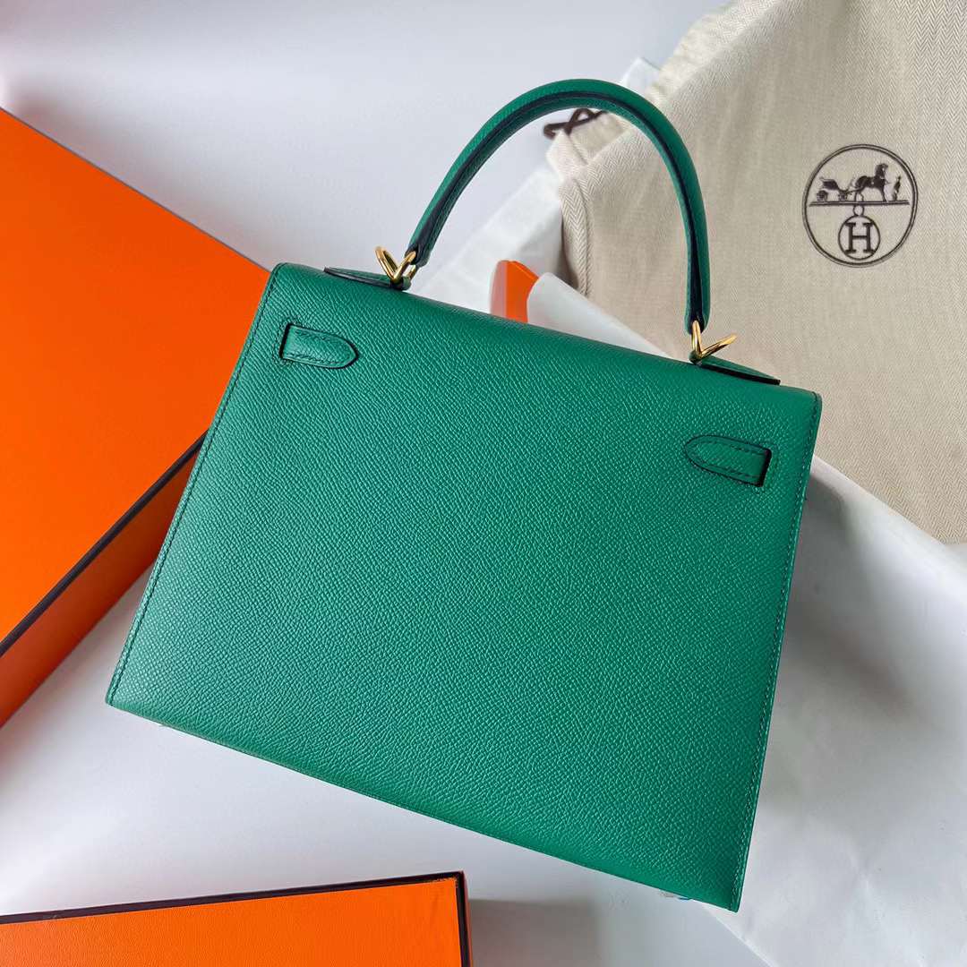 Hermès（爱马仕）Kelly 凯莉包 Epsom皮 U4 丝绒绿 金扣 25cm 全手工蜡线缝制 Ghw