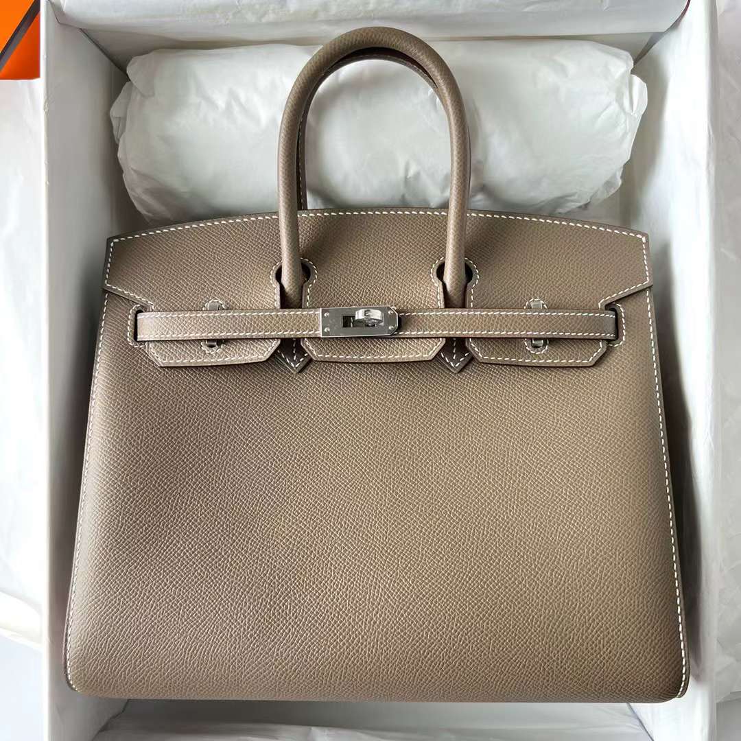 Hermès（爱马仕）Birkin Sellier Epsom Ck18 大象灰 白色走线 银扣 25cm 全手工蜡线缝制 Phw