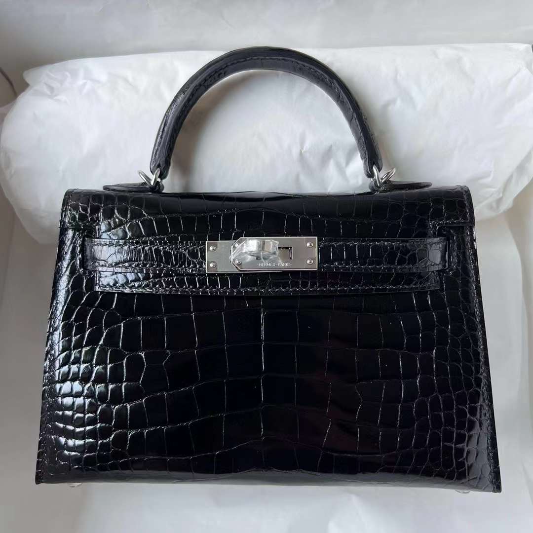 Hermès（爱马仕）Mini Kelly 迷你凯莉 亮面美洲鳄 Shiny Alligator Crocodile Ck89 黑色 银扣 22cm 全手工蜡线缝制 Phw