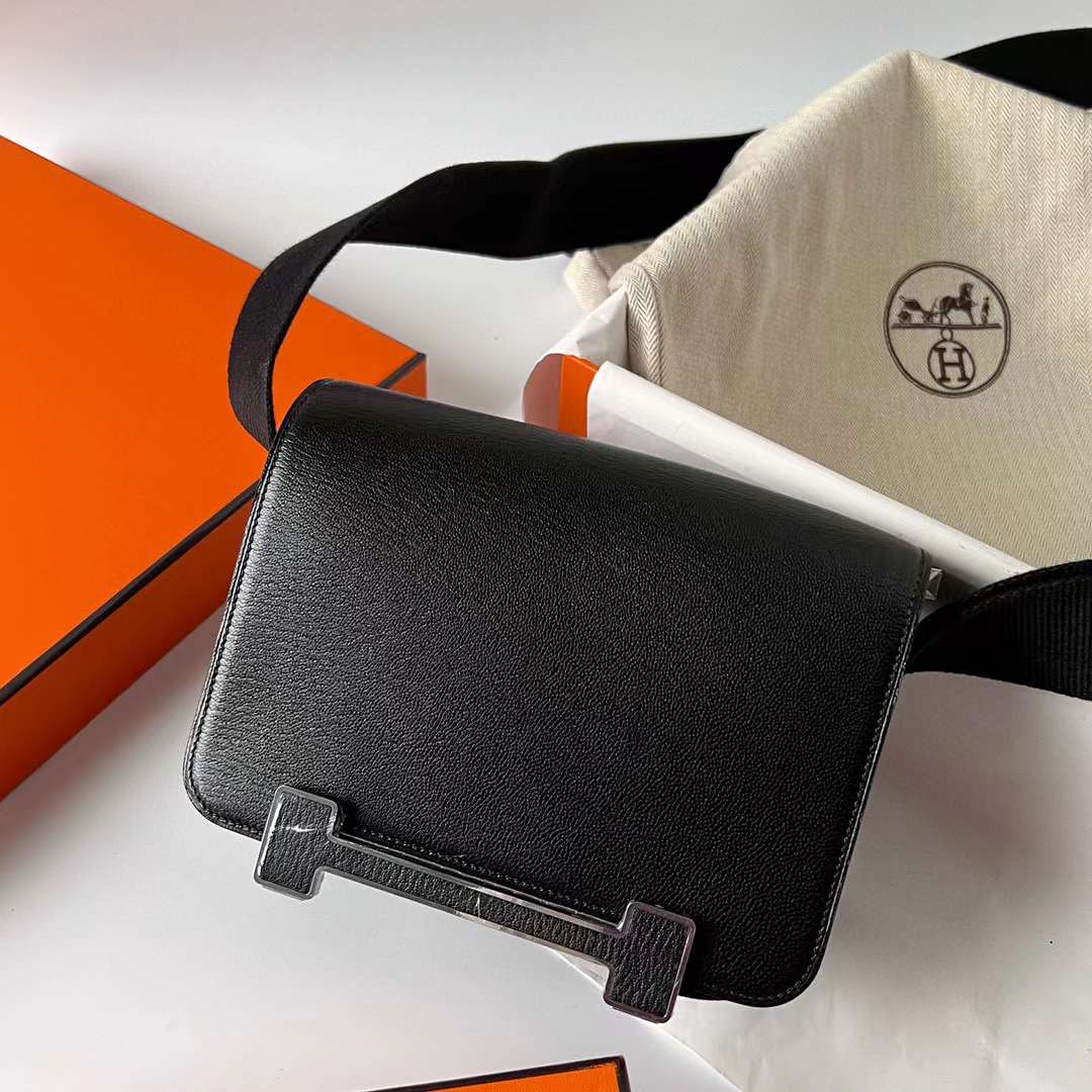 Hermès（爱马仕）Geta Chevre 进口山羊皮 Ck89 黑色 银扣 20cm 全手工蜡线缝制 Phw
