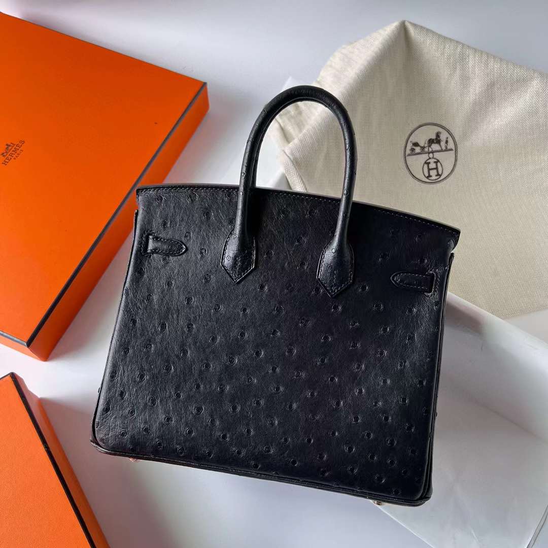 Hermès（爱马仕）Birkin 铂金包 Ostrich 南非鸵鸟皮 Ck89 黑色 玫瑰金扣 25cm 全手工蜡线缝制 Rghw