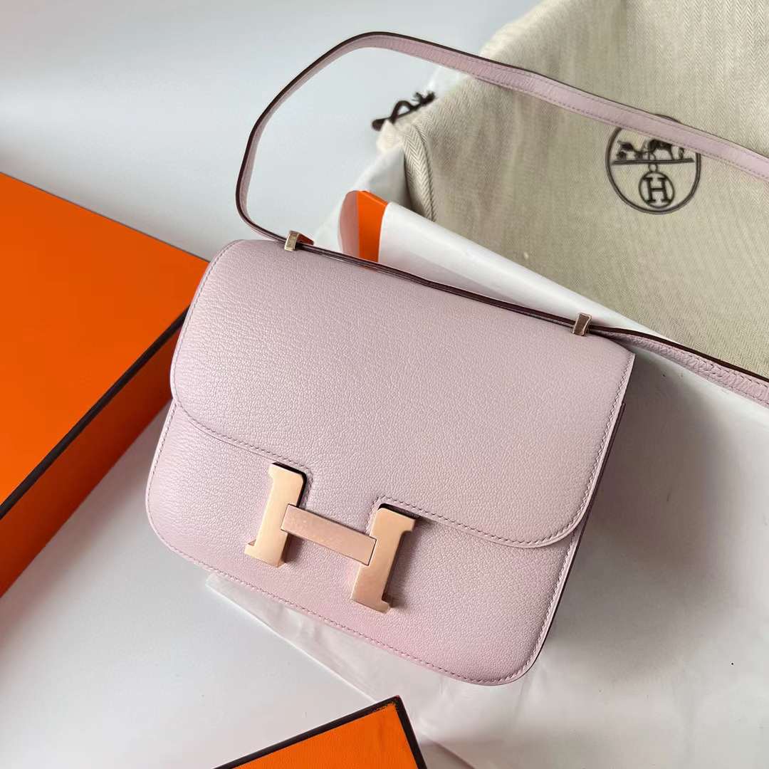 Hermès（爱马仕）Constance 空姐包 Chevre 进口山羊皮 09 梦幻粉紫 玫瑰金扣 19cm 全手工蜡线缝制 Rghw