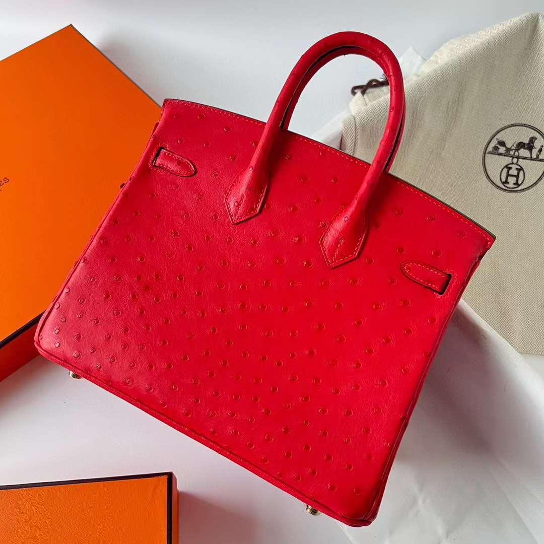 Hermès（爱马仕）Birkin 铂金包 Ostrich 进口鸵鸟皮 Ck95 法拉利红 金扣 25cm 全手工蜡线缝制 Ghw
