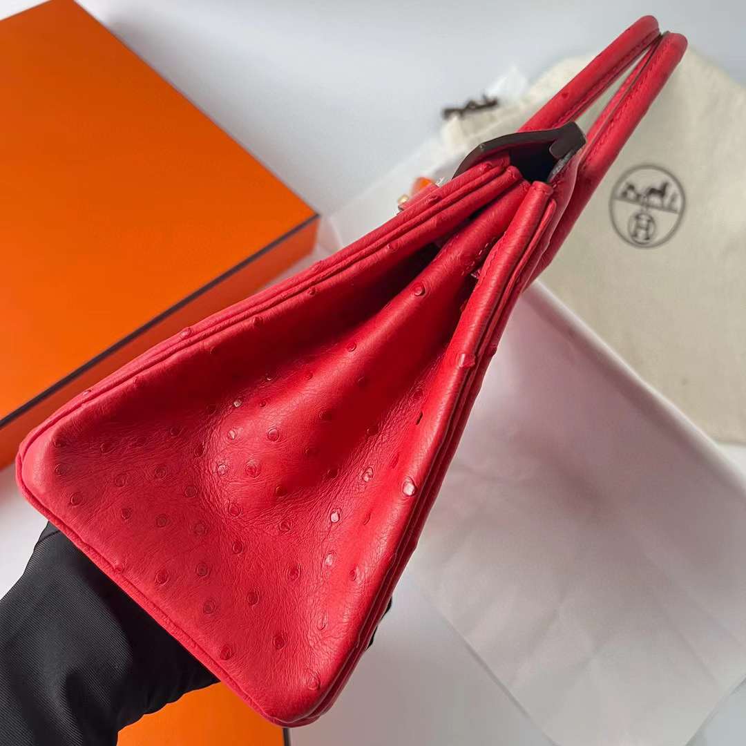 Hermès（爱马仕）Birkin 铂金包 Ostrich 进口鸵鸟皮 Ck95 法拉利红 金扣 25cm 全手工蜡线缝制 Ghw