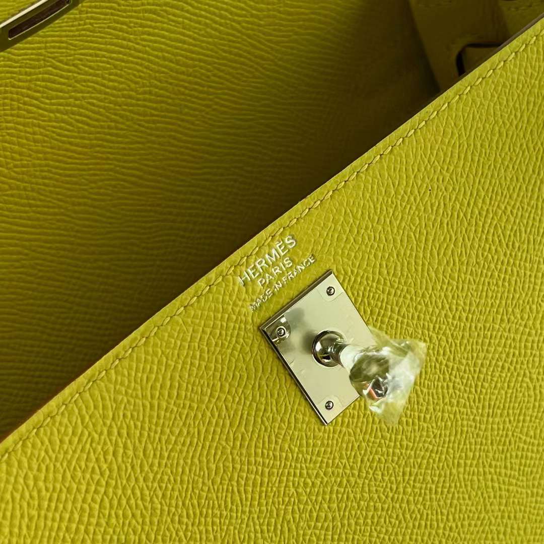 Hermès（爱马仕）Kelly 凯莉包 Epsom 9R 柠檬黄 银扣 25cm 全手工蜡线缝制 Phw