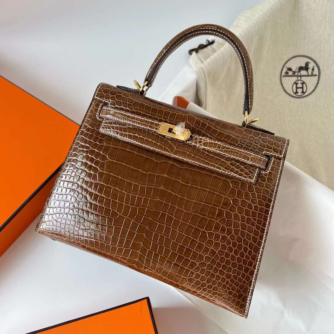 Hermès（爱马仕）Kelly 凯莉包 亮面倒v澳洲湾鳄 shiny porosus crocodile ck17 烟草色 金扣 25cm 全手工蜡线缝制 Ghw