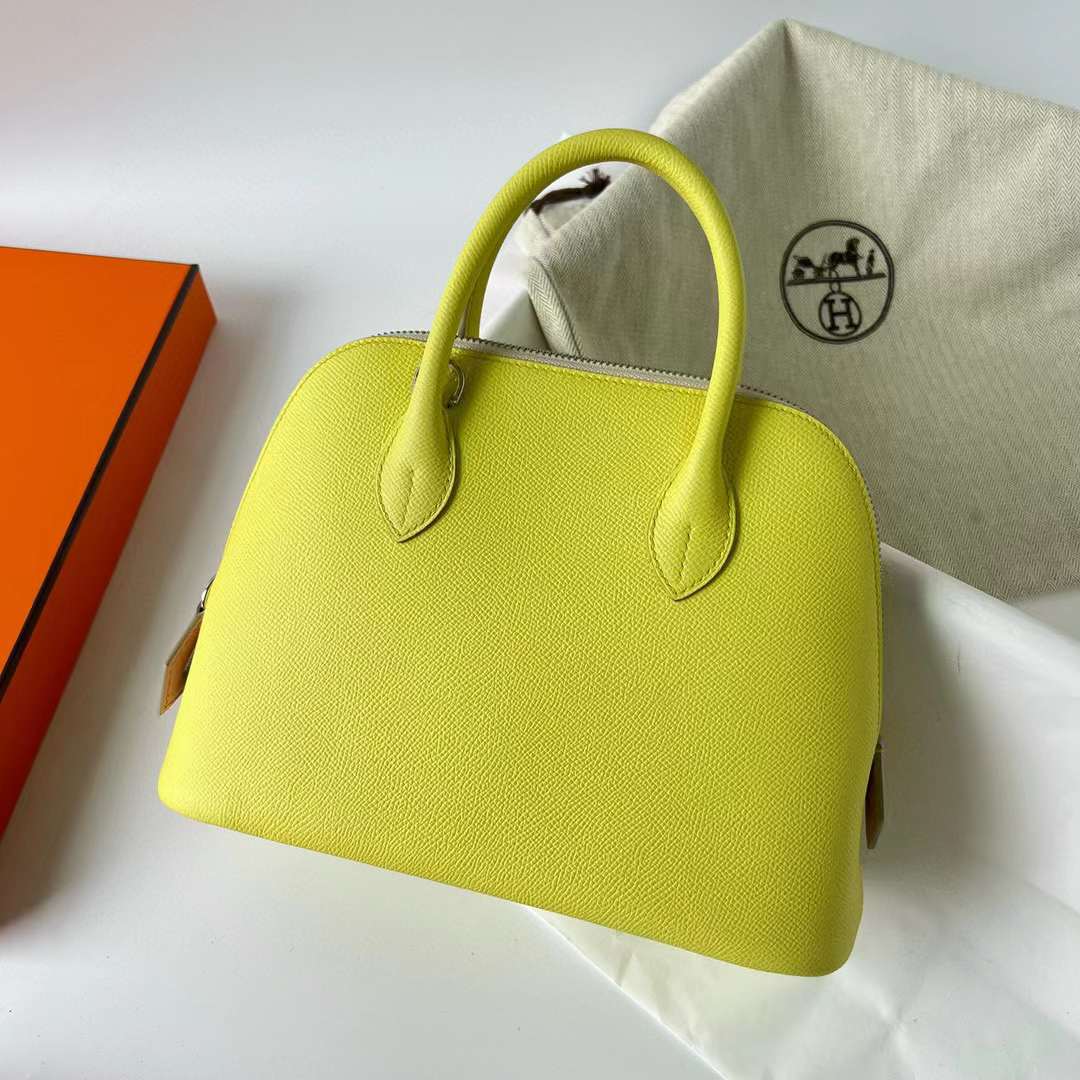 Hermès（爱马仕）Bolide 保龄球包 Epsom 9R 柠檬黄 拼 X9 锦葵紫 拼 Ck10 奶昔白 银扣 25cm 全手工蜡线缝制 Phw