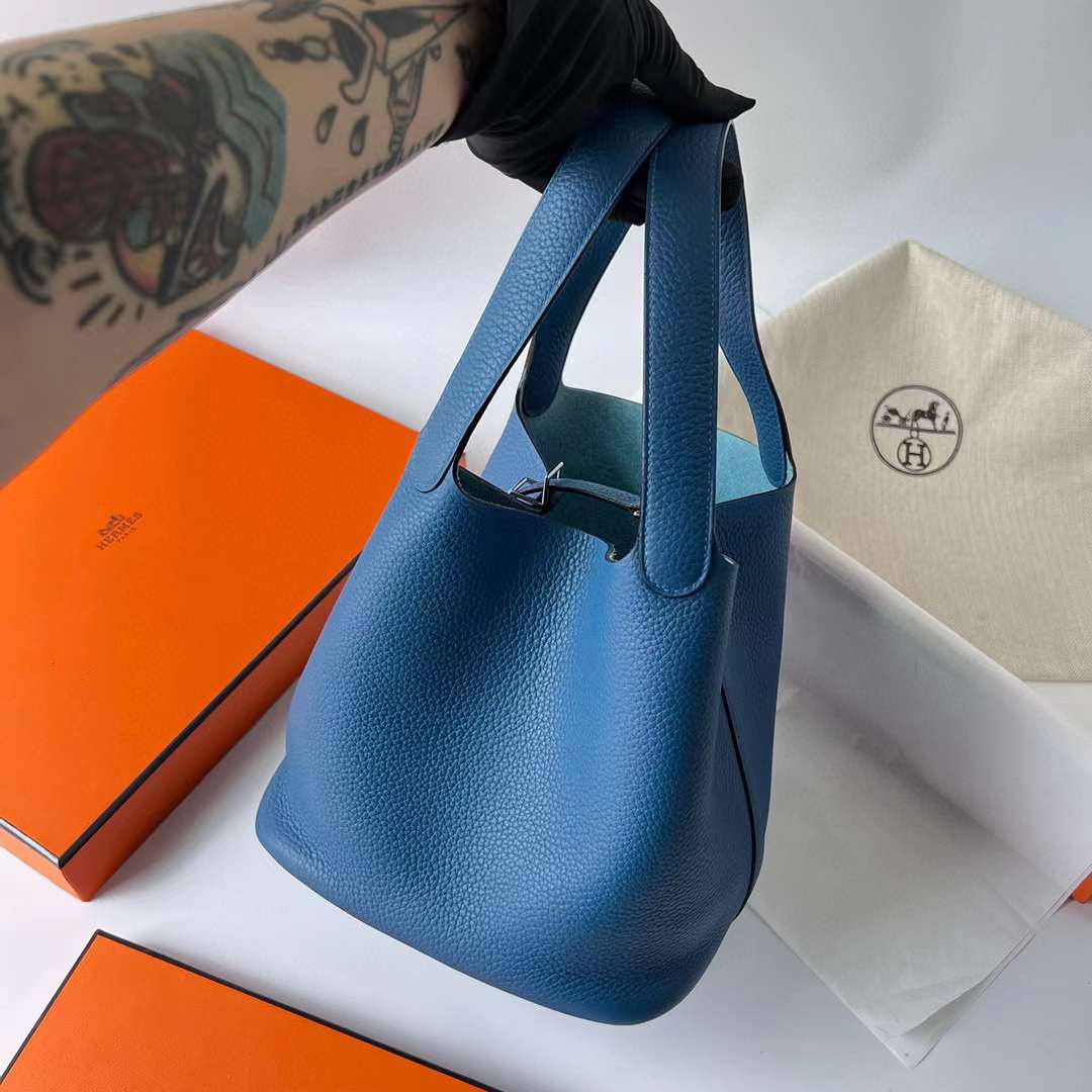 Hermès（爱马仕）Picotin 菜篮子 Clemence（御用原厂进口tc皮）7Q 希腊蓝 银扣 22cm 全手工蜡线缝制 Phw