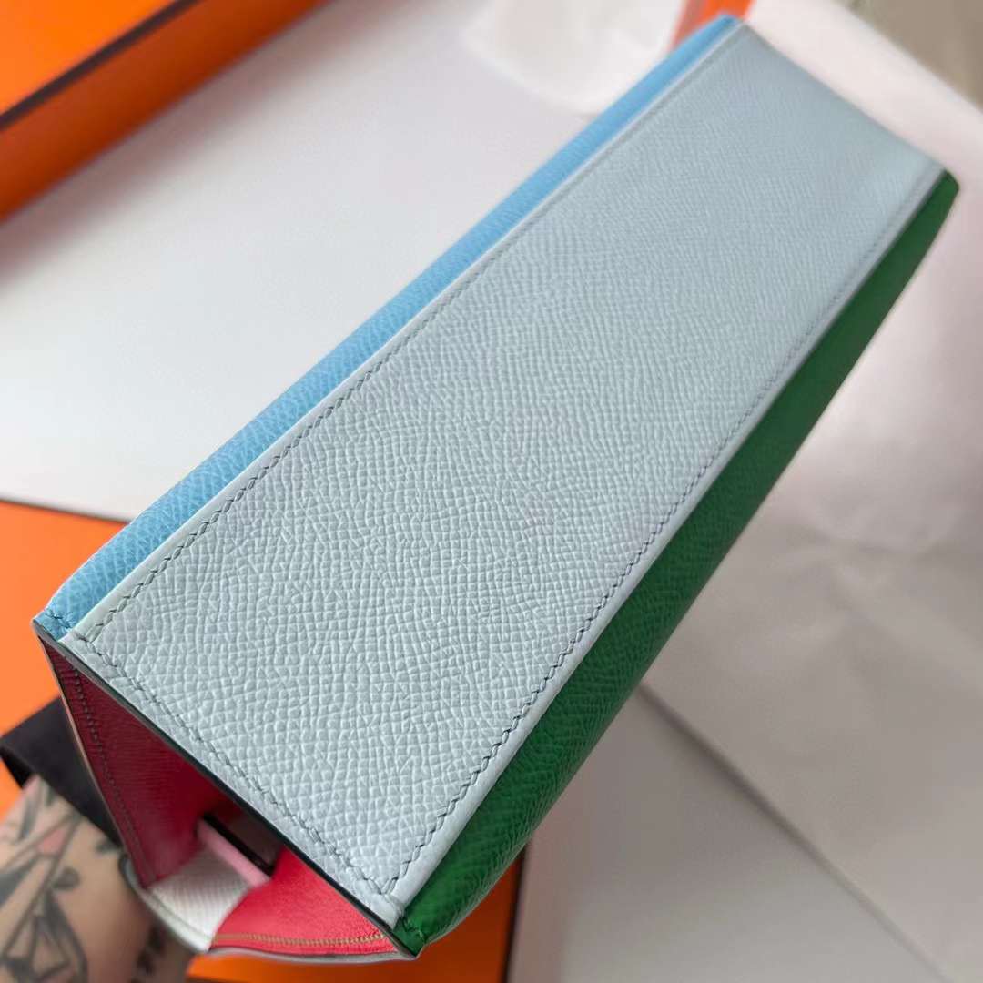 Hermès（爱马仕）Mini Kelly Pochette Epsom Hss 多拼色 P3 北方蓝 拼 U4 丝绒绿 拼 X9 锦葵紫 拼 9J 火焰橙 拼 E5 糖果粉 拼 A5 杜鹃红 拼 T0 雾蓝色 银扣 22cm