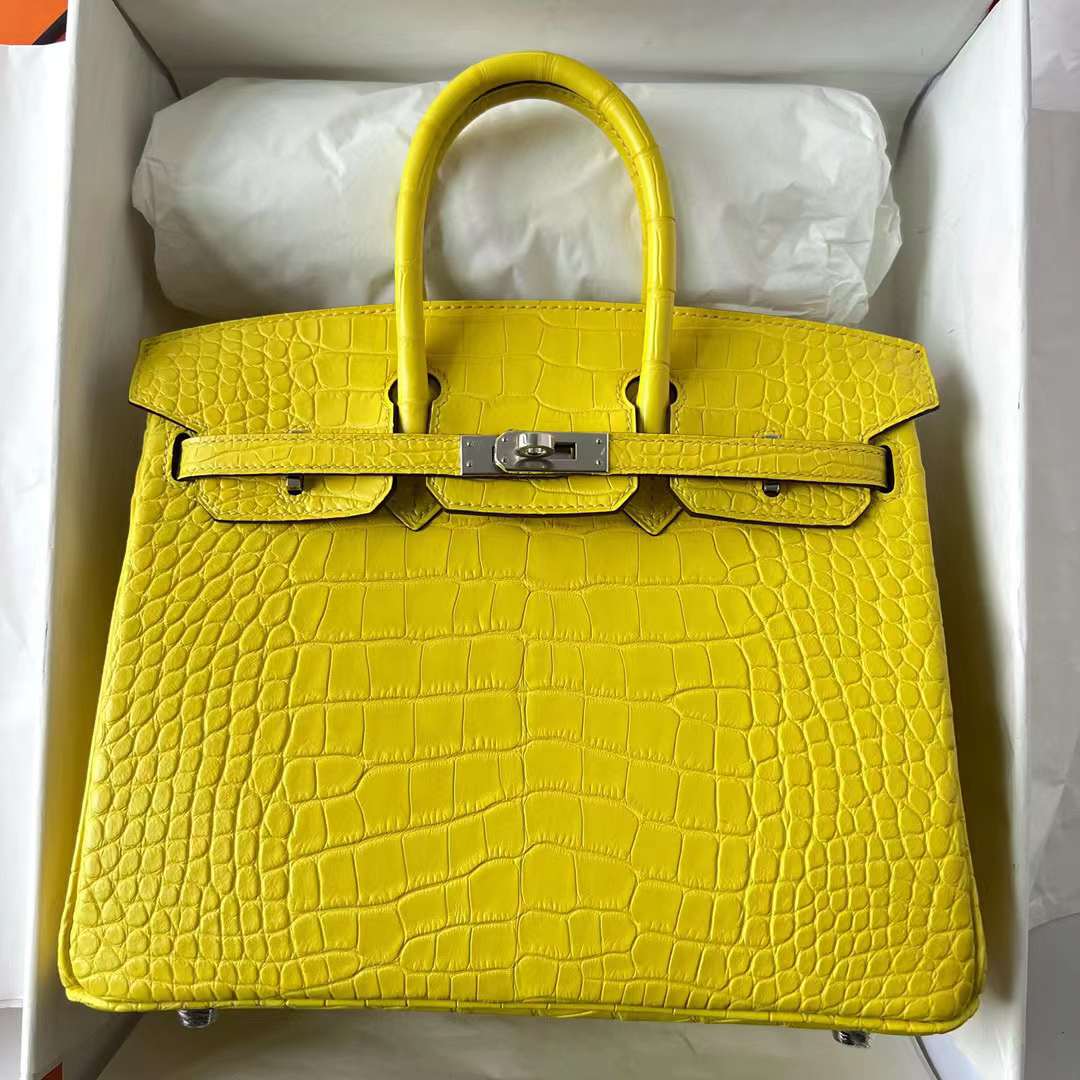 Hermès（爱马仕）Birkin 铂金包 雾面美洲鳄 Matte Alligator Crocodile M9 金盏花黄 银扣 25cm 全手工蜡线缝制 Phw