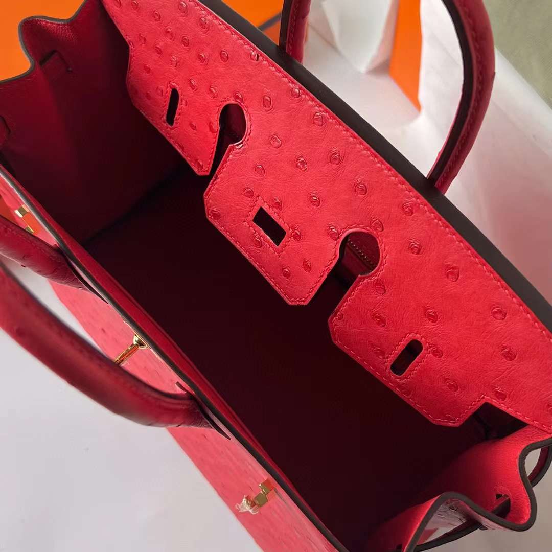 Hermès（爱马仕）Birkin 铂金包 Ostrich 进口鸵鸟皮 Ck95 法拉利红 金扣 25cm 全手工蜡线缝制 Ghw
