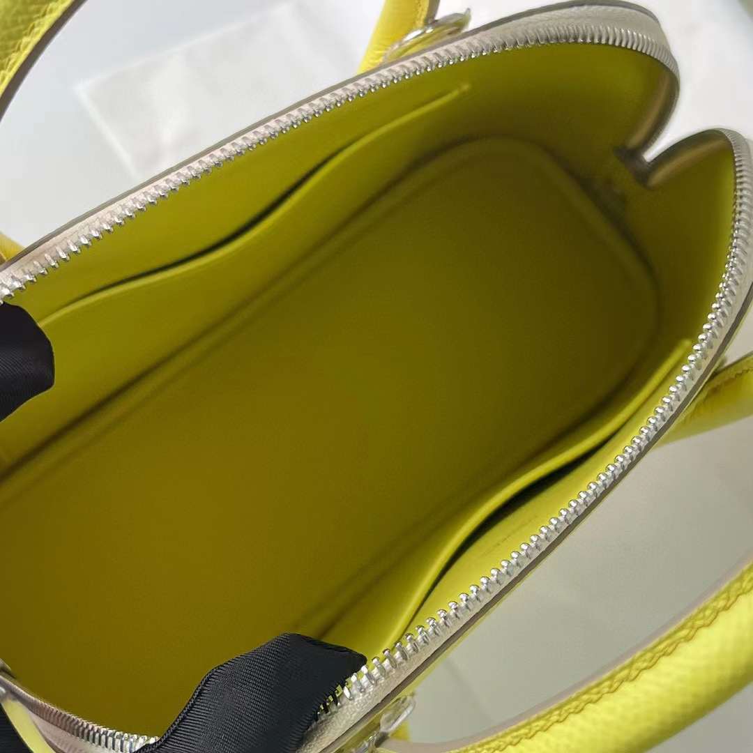Hermès（爱马仕）Bolide 保龄球包 Epsom 9R 柠檬黄 拼 X9 锦葵紫 拼 Ck10 奶昔白 银扣 25cm 全手工蜡线缝制 Phw
