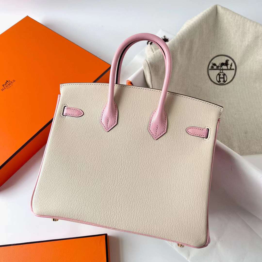 Hermès（爱马仕）Birkin 铂金包 Chevre 进口山羊皮 I2 奶油白 拼 3Q 新粉色 拉丝金扣 25cm 全手工蜡线缝制 Bghw