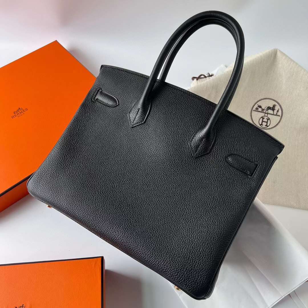 Hermès（爱马仕）Birkin 铂金包 Togo 顶级小牛皮 Ck89 黑色 内拼 Ck37 金棕色 金扣 30cm 全手工蜡线缝制 Ghw