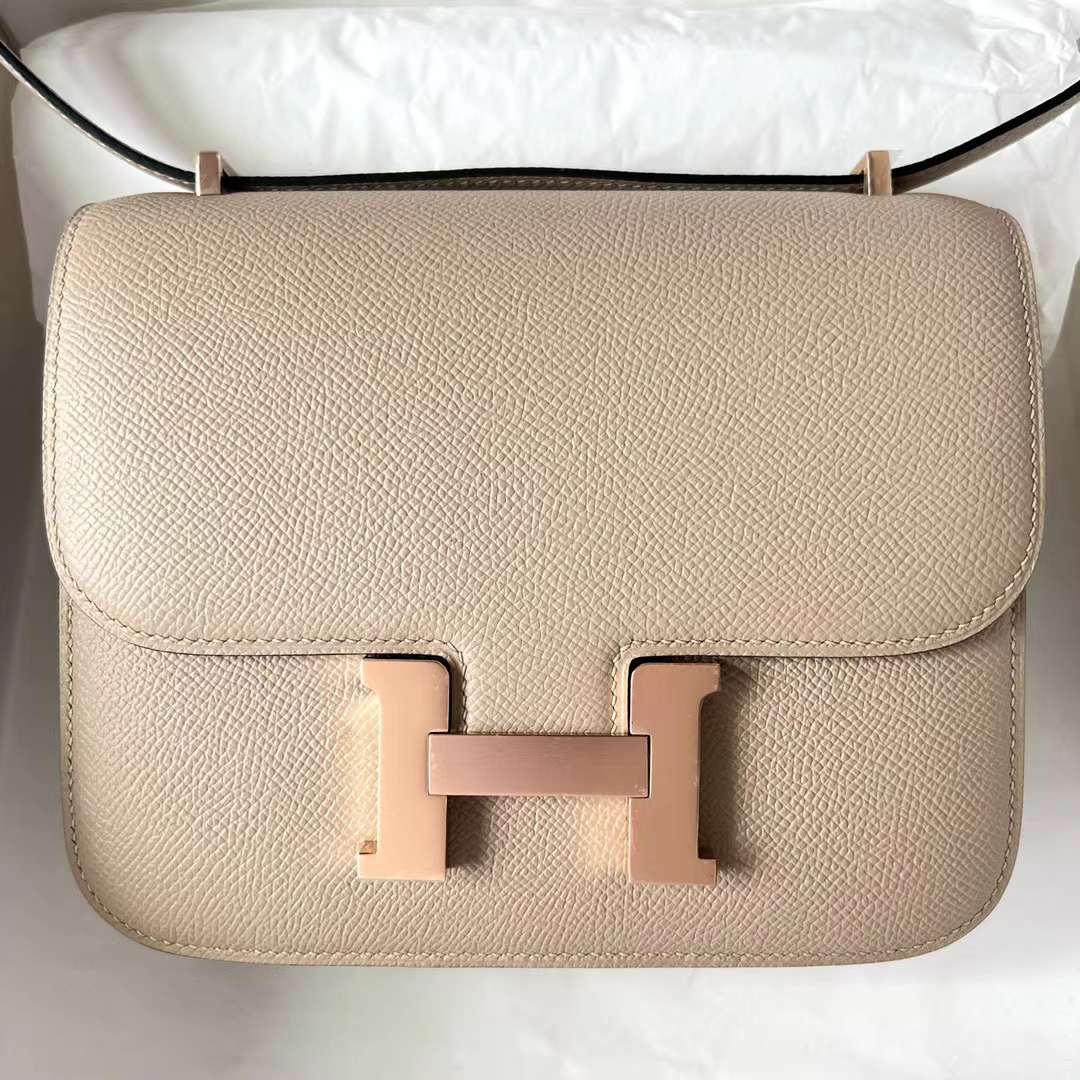 Hermès（爱马仕）Constance 康斯坦斯 Epsom S2 风衣灰 内拼 杏色 玫瑰金扣 19cm 全手工蜡线缝制 Rghw