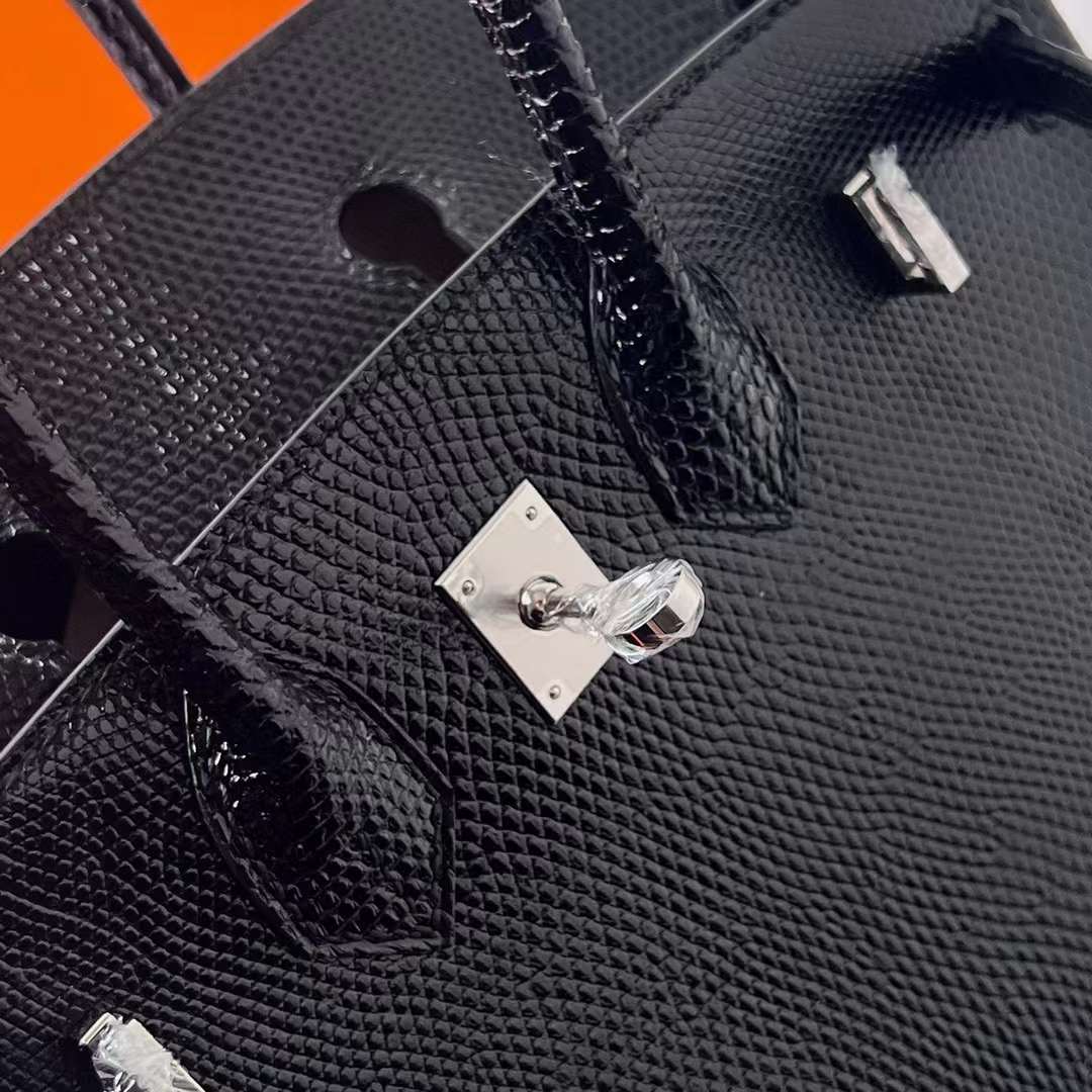 Hermès（爱马仕）Birkin 铂金包 Lizard 进口蜥蜴皮 Ck89 黑色 银扣 25cm 全手工蜡线缝制 Phw