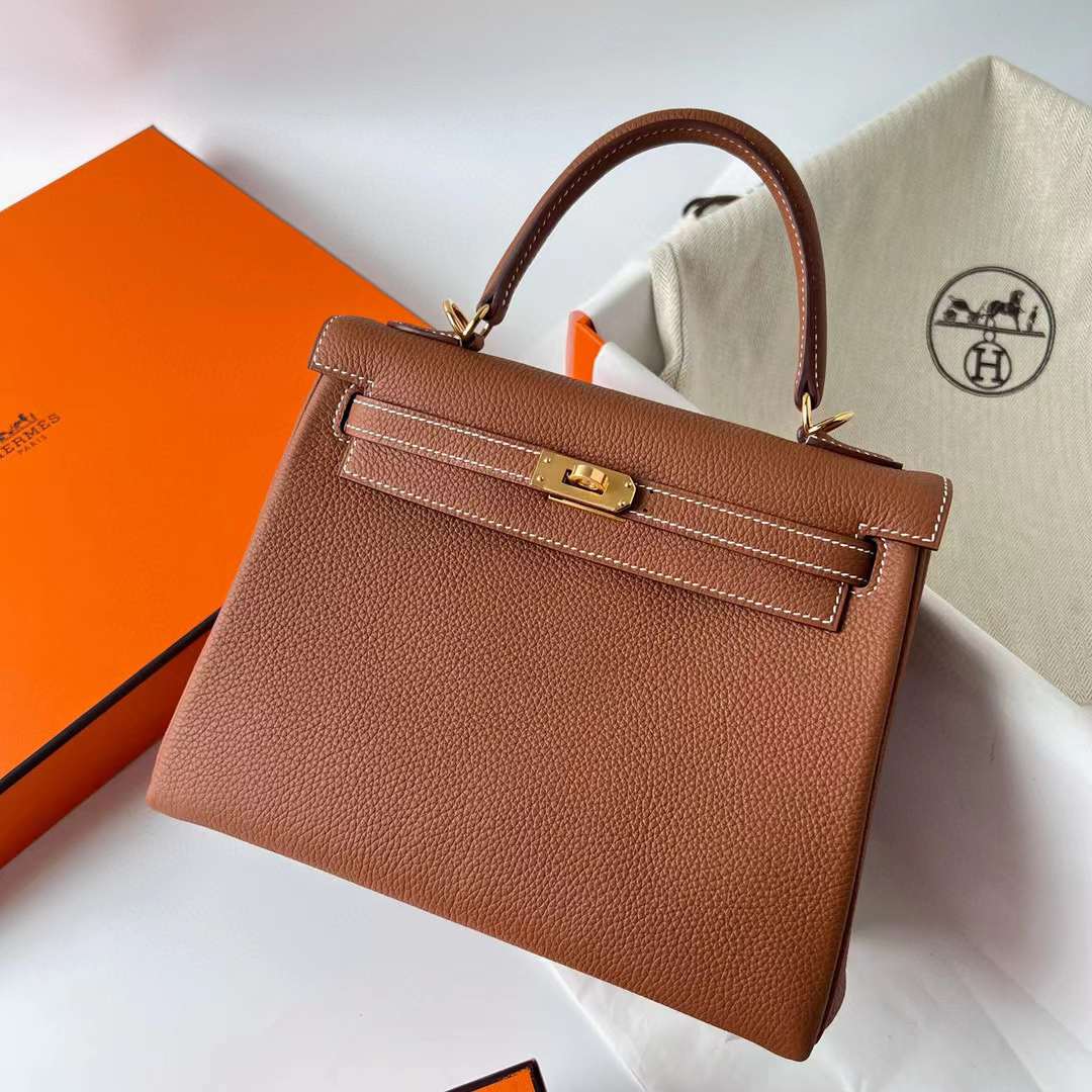 Hermès（爱马仕）Kelly 凯莉包 Togo皮 Ck37 金棕色 金扣 25cm 全手工蜡线缝制 Ghw