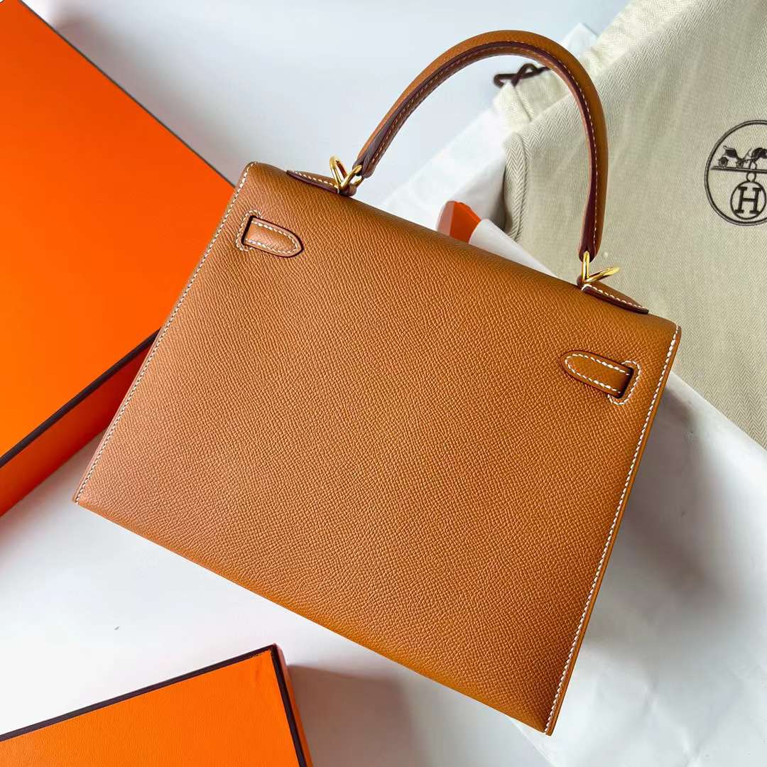 Hermès（爱马仕）Kelly 凯莉包 Epsom皮 金棕色 金扣 25cm 全手工蜡线缝制 Ghw