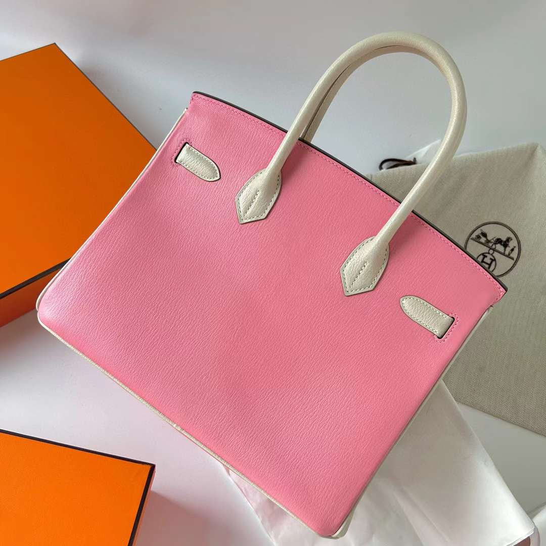Hermès（爱马仕）Birkin 铂金包 Chevre 进口山羊皮 5P 樱花粉 拼 Ck10 奶昔白 金扣 30cm 全手工蜡线缝制 Ghw