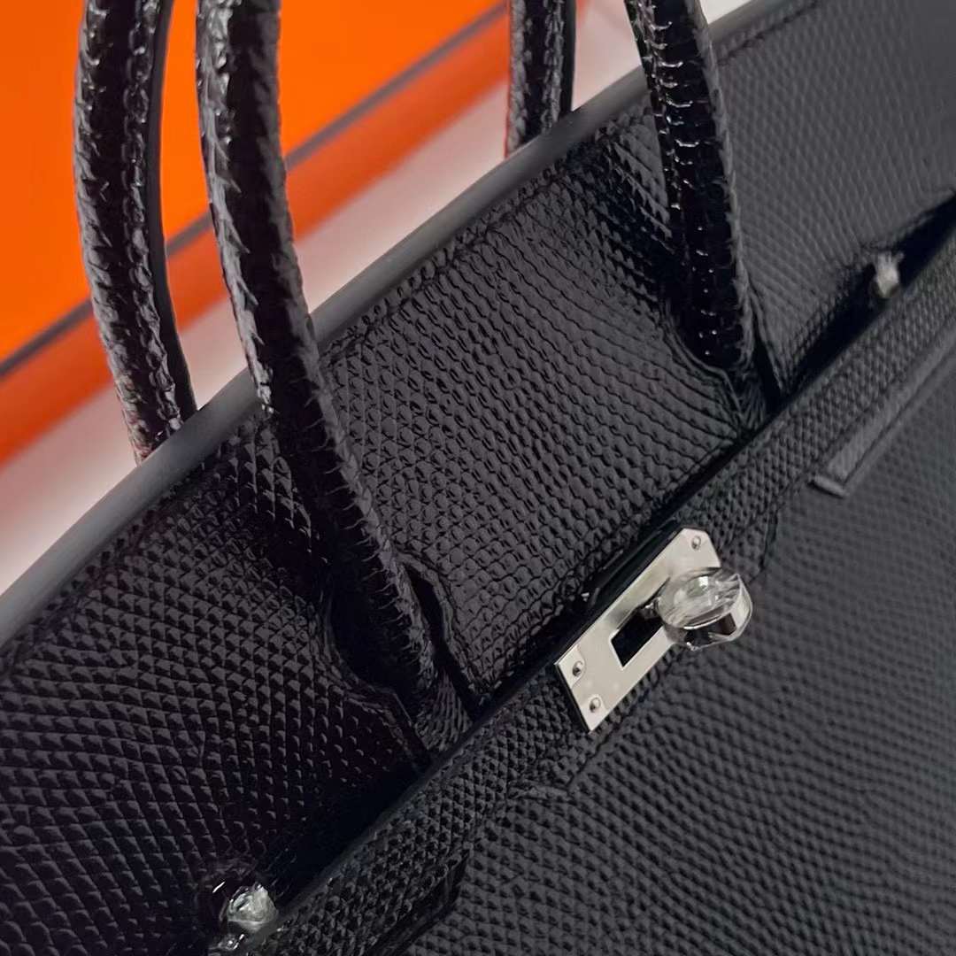 Hermès（爱马仕）Birkin 铂金包 Lizard 进口蜥蜴皮 Ck89 黑色 银扣 25cm 全手工蜡线缝制 Phw
