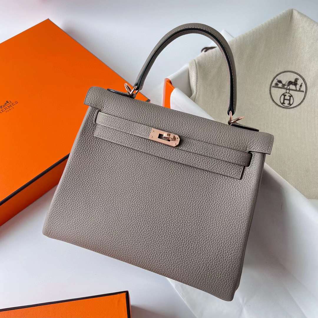 Hermès（爱马仕）Kelly 凯莉包 Togo皮 M8 沥青灰 玫瑰金扣 25cm 全手工蜡线缝制 Rghw