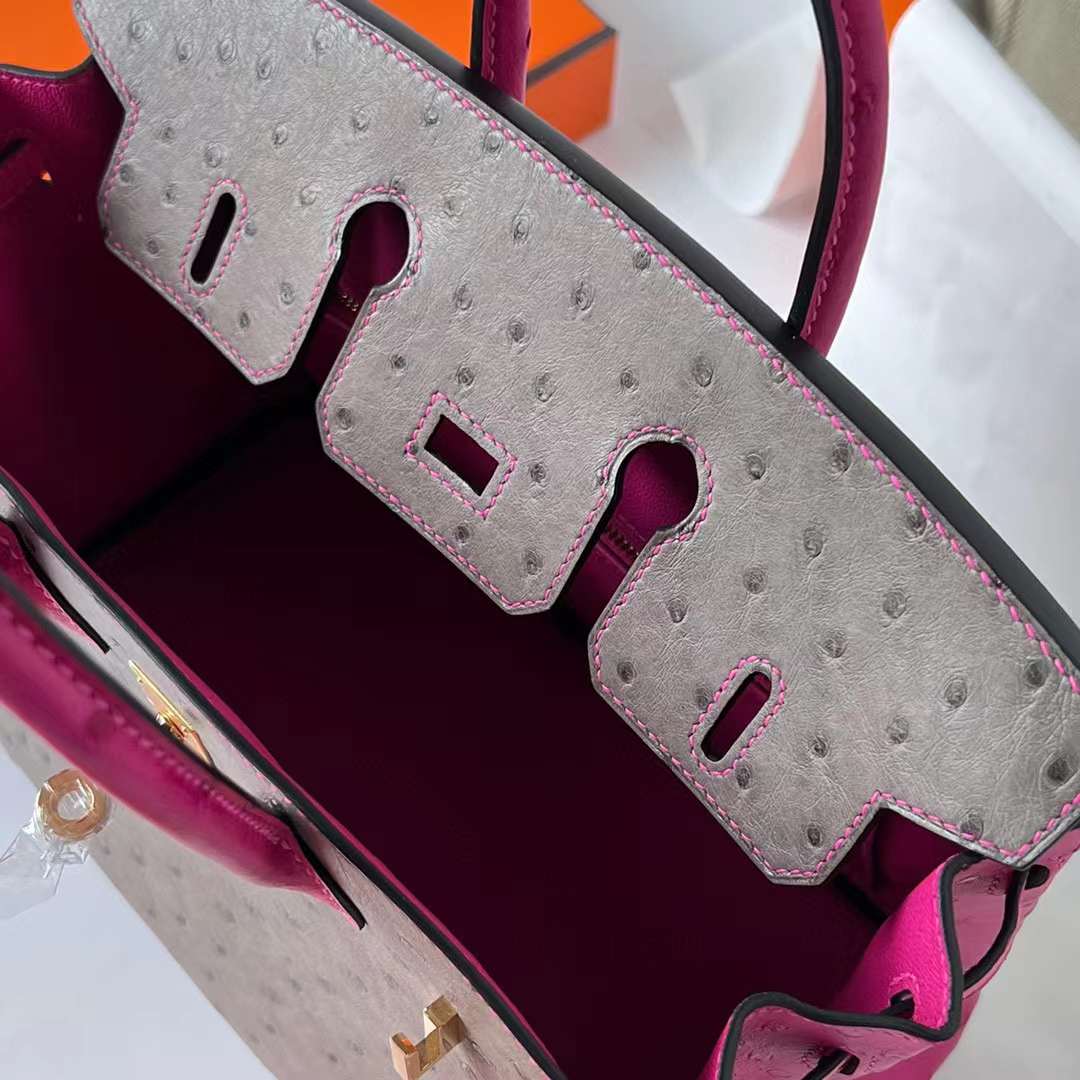 Hermès（爱马仕）Birkin 铂金包 Ostrich 南非kk进口鸵鸟皮 M8 沥青灰 拼 E5 糖果粉 金扣 25cm 全手工蜡线缝制 Ghw