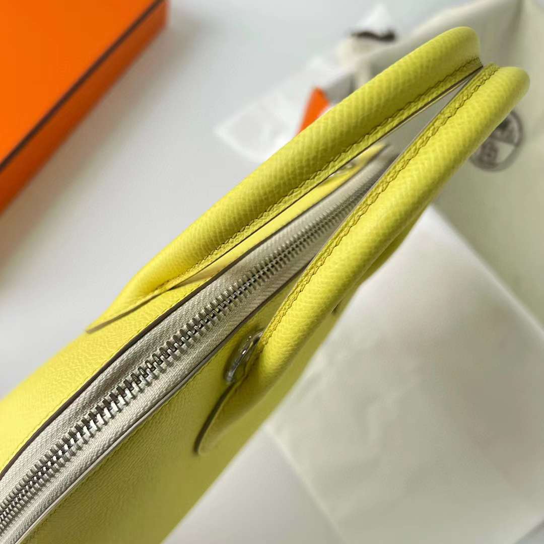 Hermès（爱马仕）Bolide 保龄球包 Epsom 9R 柠檬黄 拼 X9 锦葵紫 拼 Ck10 奶昔白 银扣 25cm 全手工蜡线缝制 Phw