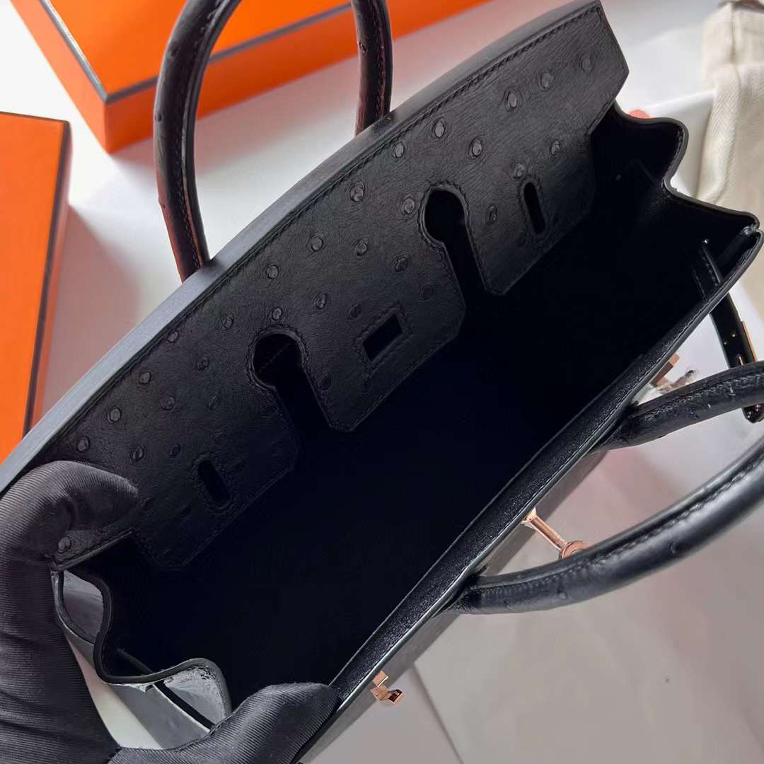 Hermès（爱马仕）Birkin 铂金包 Ostrich 南非鸵鸟皮 Ck89 黑色 玫瑰金扣 25cm 全手工蜡线缝制 Rghw