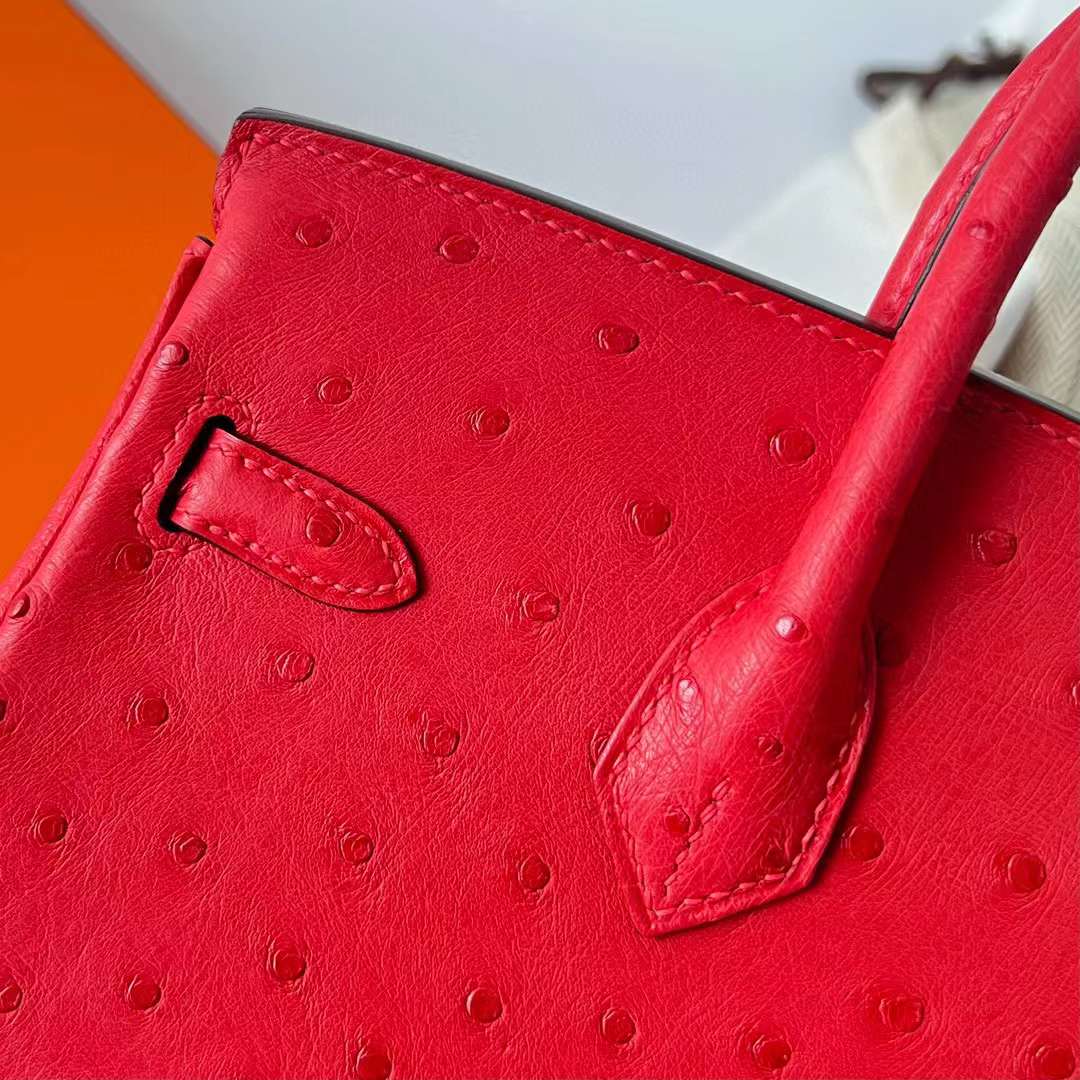 Hermès（爱马仕）Birkin 铂金包 Ostrich 进口鸵鸟皮 Ck95 法拉利红 金扣 25cm 全手工蜡线缝制 Ghw