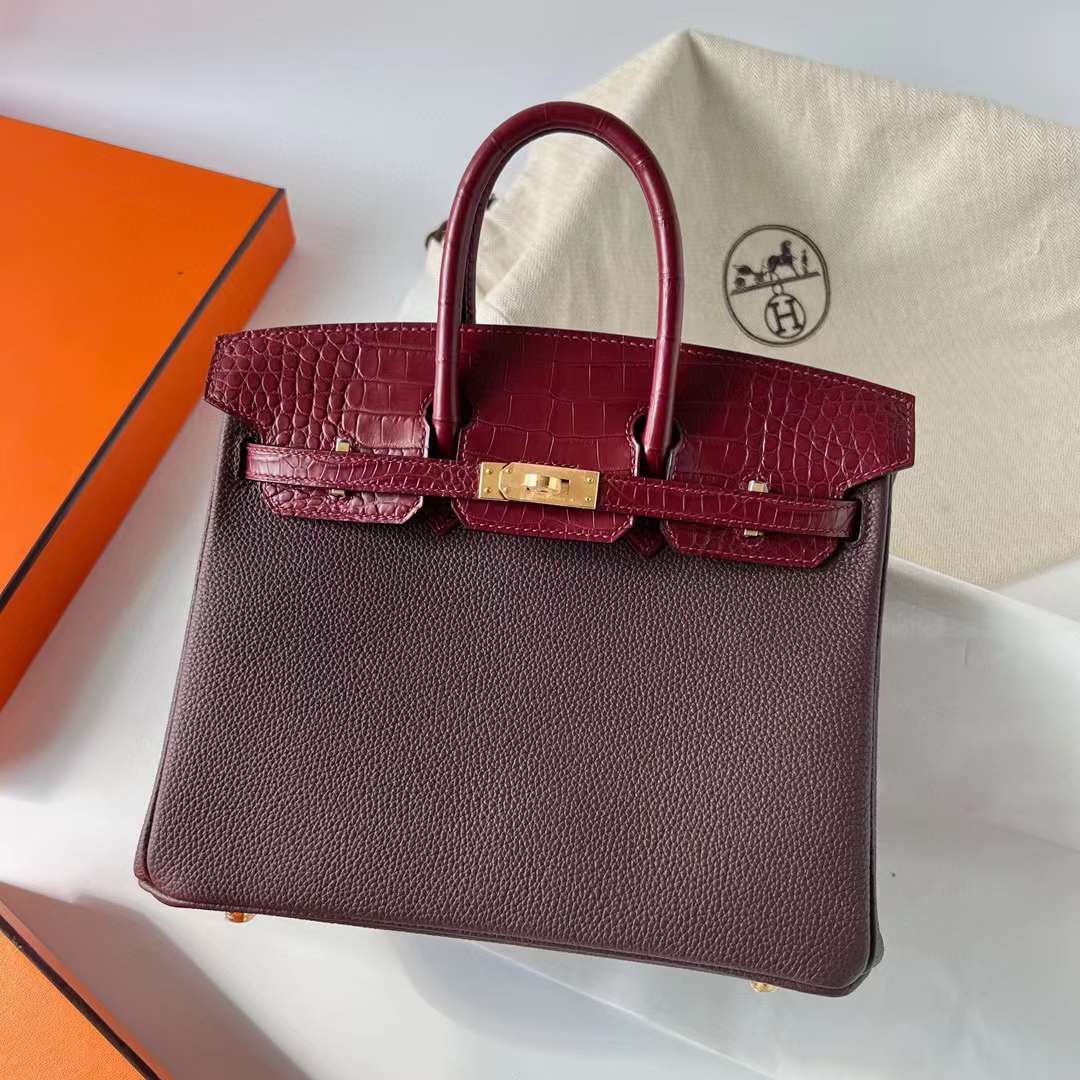 Hermès（爱马仕）Birkin 铂金包 Touch Togo皮 拼 雾面美洲鳄鱼皮 0G 马鞍红 拼 Ck55 爱马仕红 金扣 25cm 全手工蜡线缝制