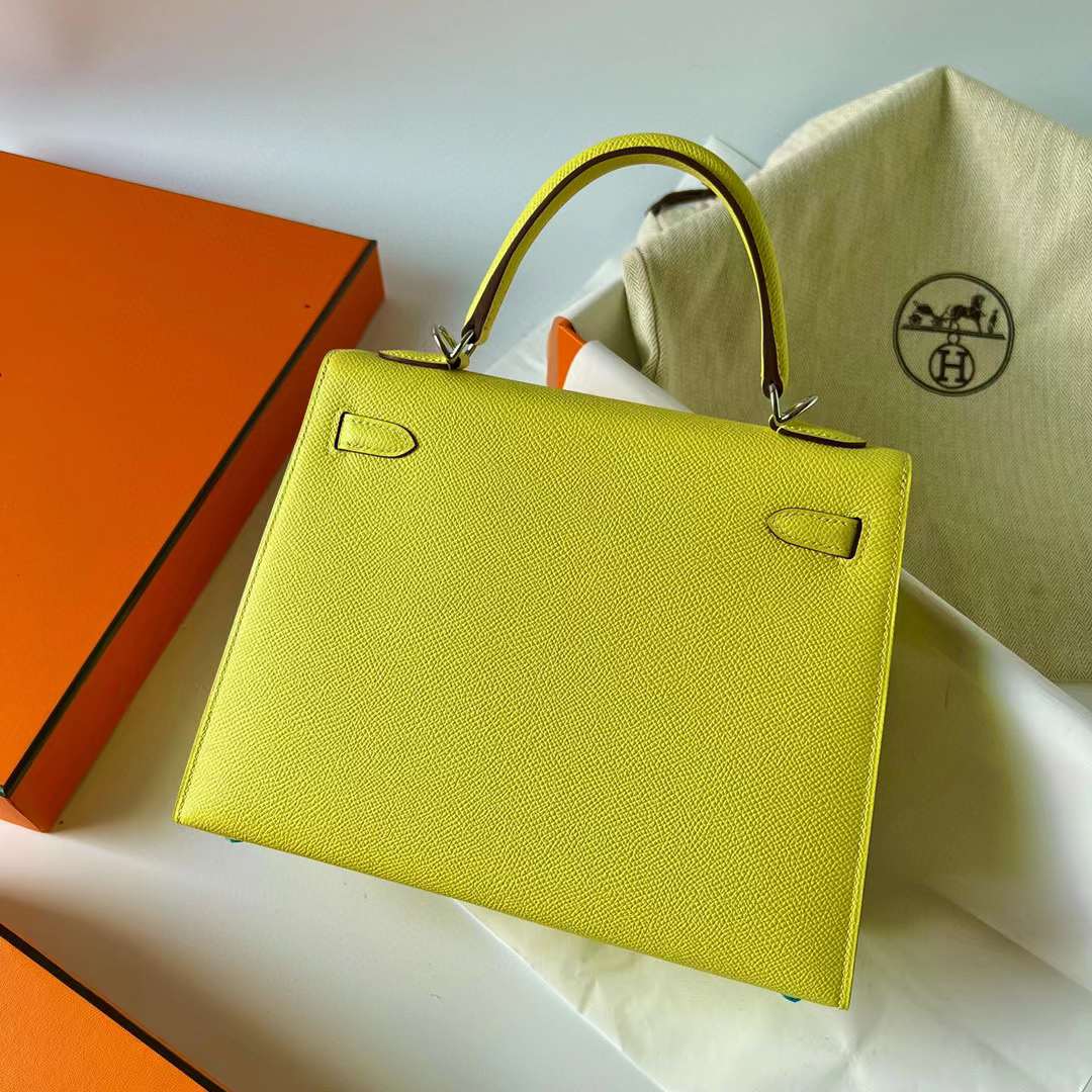 Hermès（爱马仕）Kelly 凯莉包 Epsom 9R 柠檬黄 银扣 25cm 全手工蜡线缝制 Phw