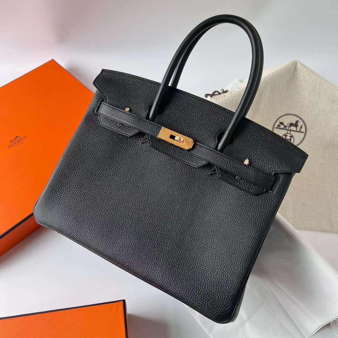 Hermès（爱马仕）Birkin 铂金包 Togo 顶级小牛皮 Ck89 黑色 内拼 Ck37 金棕色 金扣 30cm 全手工蜡线缝制 Ghw