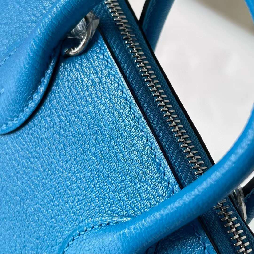 Hermès（爱马仕）Mini Bolide 迷你保龄球包 Chevre 山羊皮 0F 佛里达蓝 银扣 19cm 全手工蜡线缝制 Phw